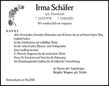 Traueranzeige von Irma Schäfer von vrm-trauer