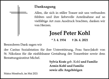 Traueranzeige von Josef Peter Kohl von vrm-trauer