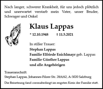Traueranzeige von Klaus Lappas von vrm-trauer