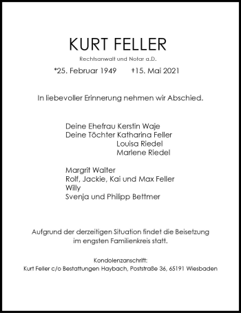 Traueranzeige von Kurt Feller von vrm-trauer