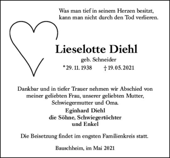 Traueranzeige von Lieselotte Diehl von vrm-trauer