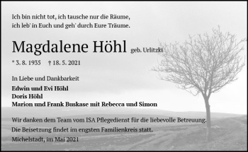 Traueranzeige von Magdalene Höhl von vrm-trauer
