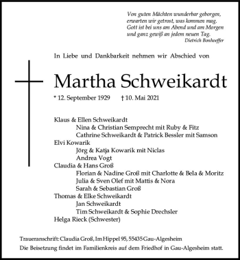 Traueranzeige von Martha Schweikardt von vrm-trauer