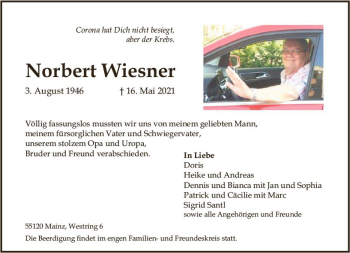Traueranzeige von Norbert Wiesner von vrm-trauer