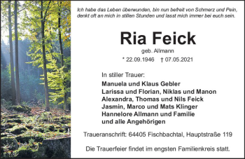 Traueranzeige von Ria Feick von vrm-trauer
