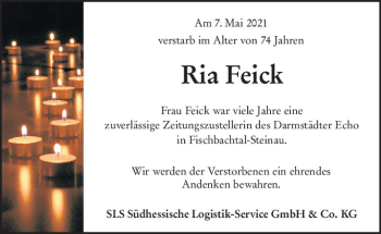 Traueranzeige von Ria Feick von vrm-trauer
