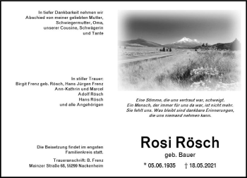 Traueranzeige von Rosi Rösch von vrm-trauer