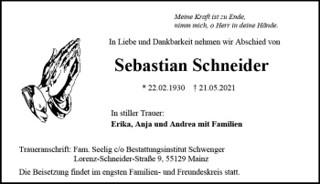 Traueranzeige von Sebastian Schneider von vrm-trauer