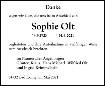 Traueranzeige von Sophie Oft von vrm-trauer