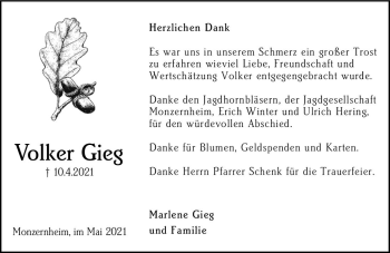 Traueranzeige von Volker Gieg von vrm-trauer
