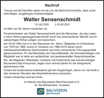 Traueranzeige von Walter Sensenschmidt von vrm-trauer
