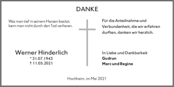 Traueranzeige von Werner Hinderlich von vrm-trauer