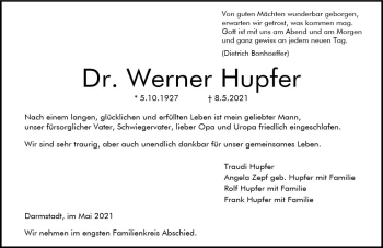 Traueranzeige von Werner Hupfer von vrm-trauer