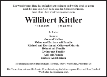 Traueranzeige von Willibert Kittler von vrm-trauer