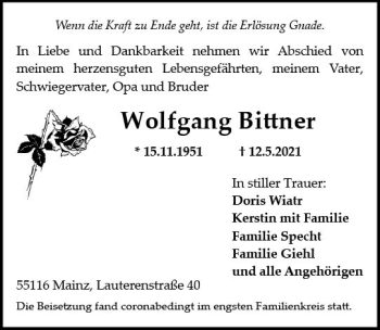 Traueranzeige von Wolfgang Bittner von vrm-trauer