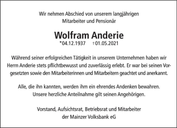 Traueranzeige von Wolfram Anderie von vrm-trauer