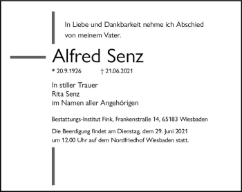 Traueranzeige von Alfred Senz von vrm-trauer