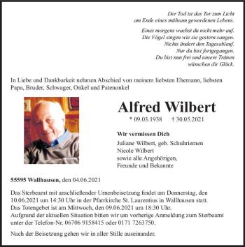 Traueranzeige von Alfred Wilbert von vrm-trauer