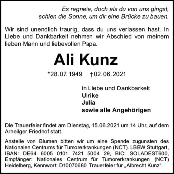 Traueranzeige von Ali Kunz von vrm-trauer