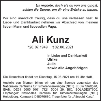 Traueranzeige von Ali Kunz von vrm-trauer