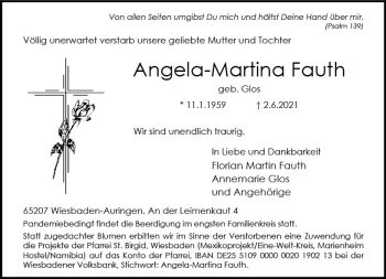 Traueranzeige von Angela-Martina Fauth von vrm-trauer