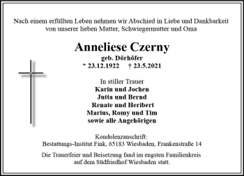 Traueranzeige von Anneliese Czerny von vrm-trauer