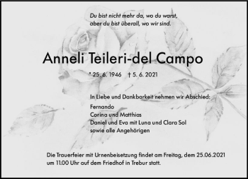 Traueranzeige von Anneli Teileri-del Teileri-del Campo von vrm-trauer
