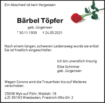 Traueranzeige von Bärbel Töpfer von vrm-trauer