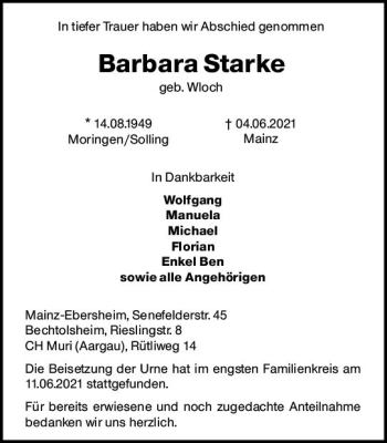 Traueranzeige von Barbara Starke von vrm-trauer
