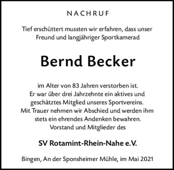 Traueranzeige von Bernd Becker von vrm-trauer