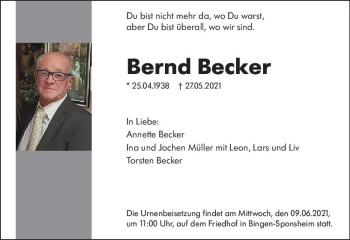 Traueranzeige von Bernd Becker von vrm-trauer