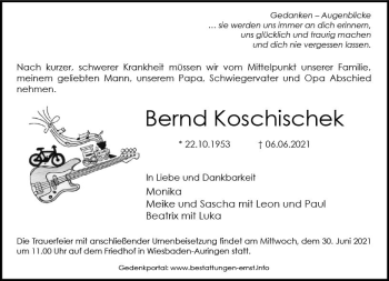 Traueranzeige von Bernd Koschischek von vrm-trauer