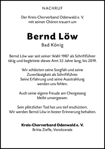 Traueranzeige von Bernd Löw von vrm-trauer