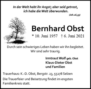 Traueranzeige von Bernhard Obst von vrm-trauer