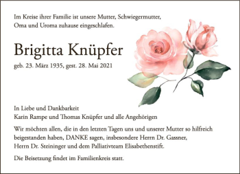 Traueranzeige von Brigitta Knüpfer von vrm-trauer