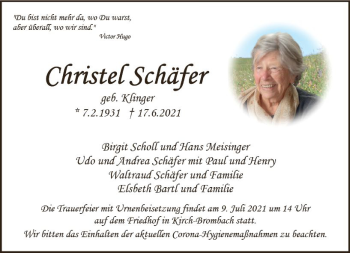 Traueranzeige von Christel Schäfer von vrm-trauer