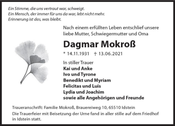 Traueranzeige von Dagmar Mokroß von vrm-trauer