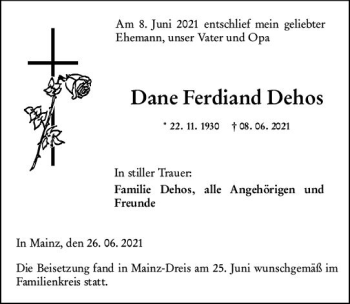 Traueranzeige von Dane Ferdiand Dehos von vrm-trauer