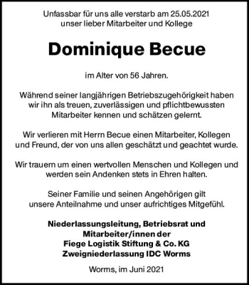 Traueranzeige von Dominique Becue von vrm-trauer