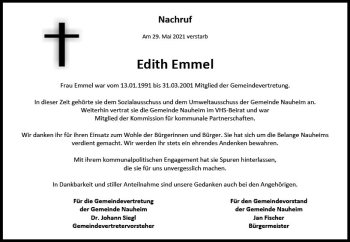 Traueranzeige von Edith Emmel von vrm-trauer