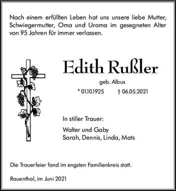 Traueranzeige von Edith Russler von vrm-trauer