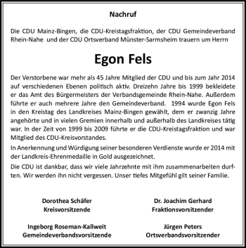 Traueranzeige von Egon Fels von vrm-trauer