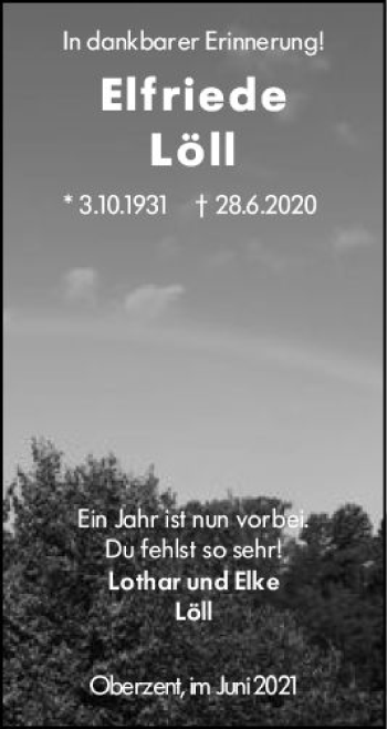Traueranzeige von Elfriede Löll von vrm-trauer