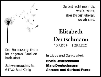 Traueranzeige von Elisabeth Deutschmann von vrm-trauer