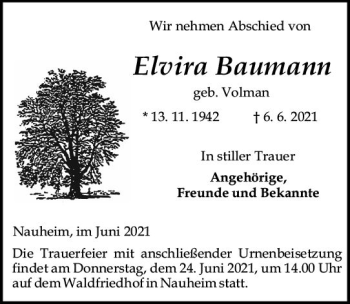 Traueranzeige von Elvira Baumann von vrm-trauer