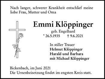 Traueranzeige von Emmi Klöppinger von vrm-trauer