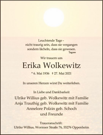 Traueranzeige von Erika Wolkewitz von vrm-trauer