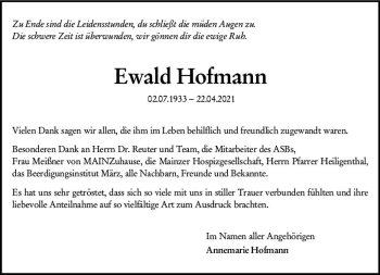 Traueranzeige von Ewald Hofmann von vrm-trauer