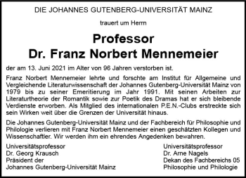 Traueranzeige von Franz Norbert Mennemeier von vrm-trauer