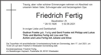 Traueranzeige von Friedrich Fertig von vrm-trauer